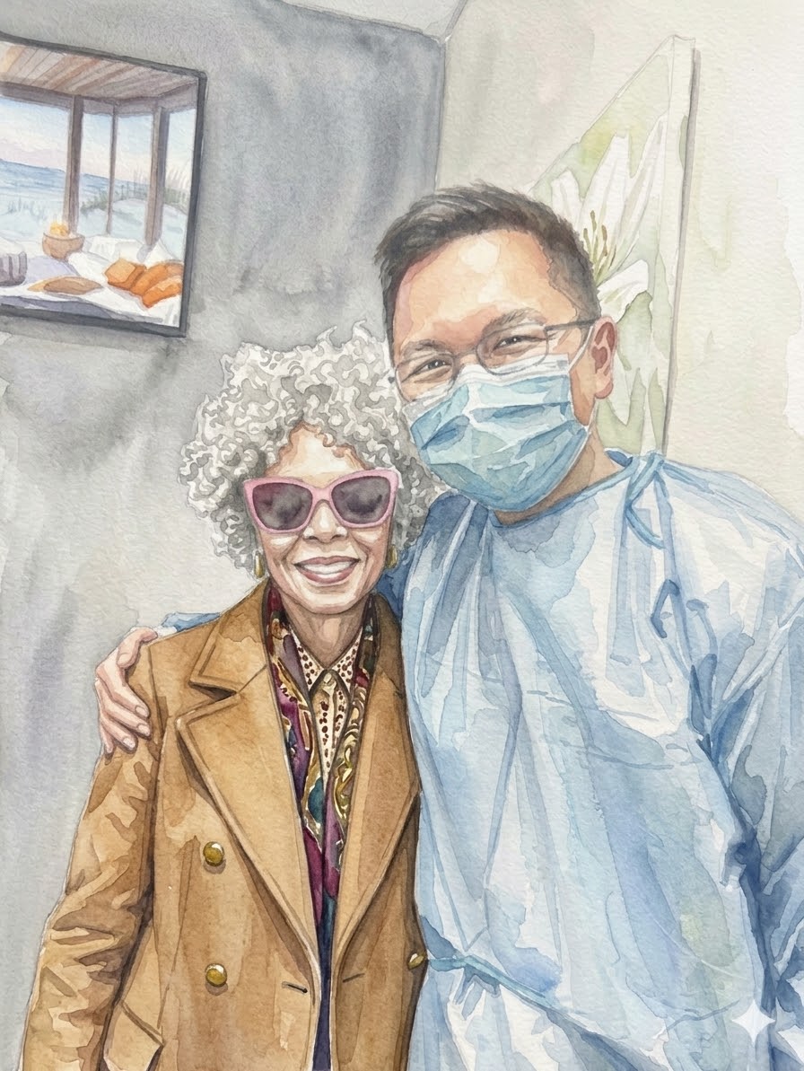 Patient celebrating new dentures with Dr. Chou at The Denture Professor, San Antonio TX