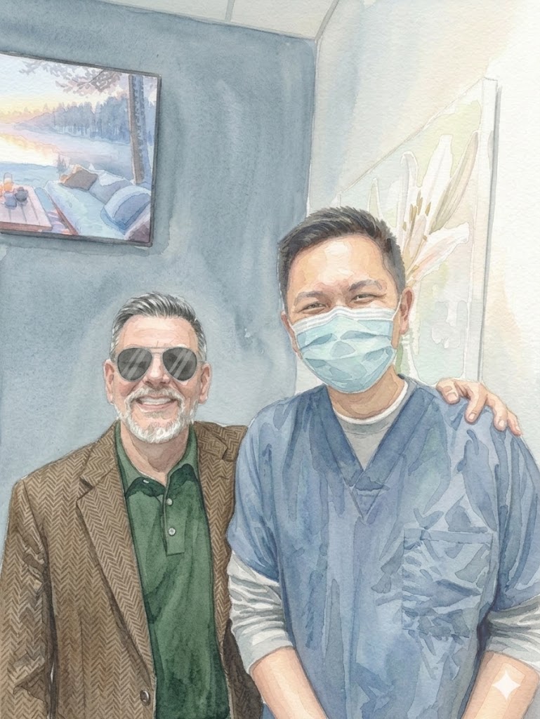 Happy denture patient with Dr. Chou at The Denture Professor, San Antonio TX